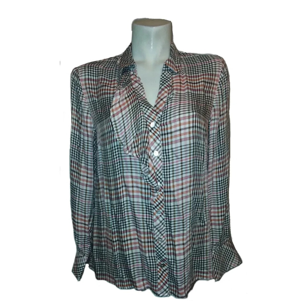 J. Jill Top Womens Size M Pink Plaid Ruffle Front Button Down Blouse Long Sleeve